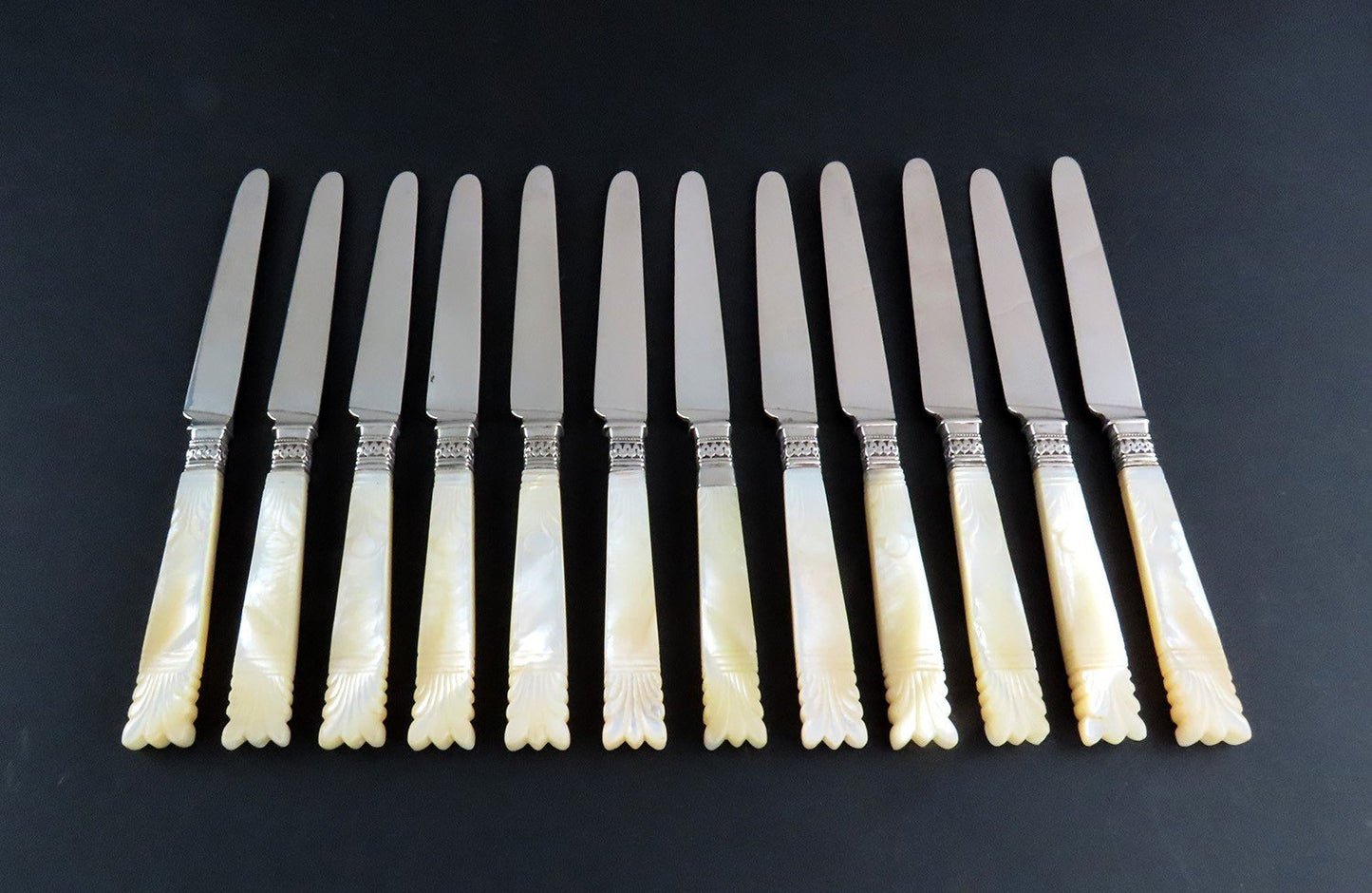 c1840s Chinese Export 12 Silver Knives w/ Mother of Pearl Handles 7 3/4 in