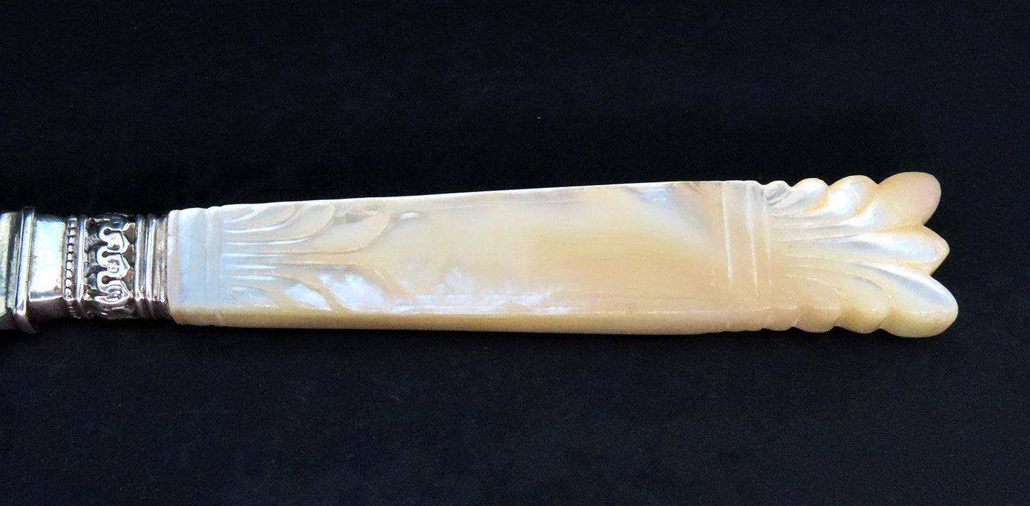 c1840s Chinese Export 12 Silver Knives w/ Mother of Pearl Handles 7 3/4 in