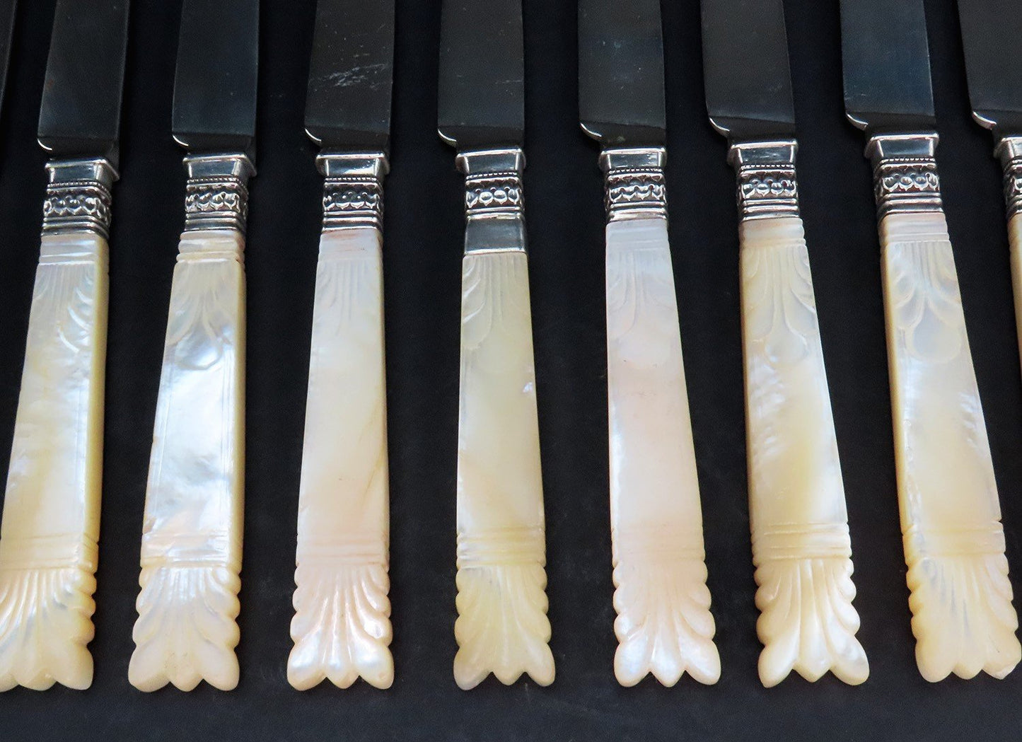 c1840s Chinese Export 12 Silver Knives w/ Mother of Pearl Handles 7 3/4 in