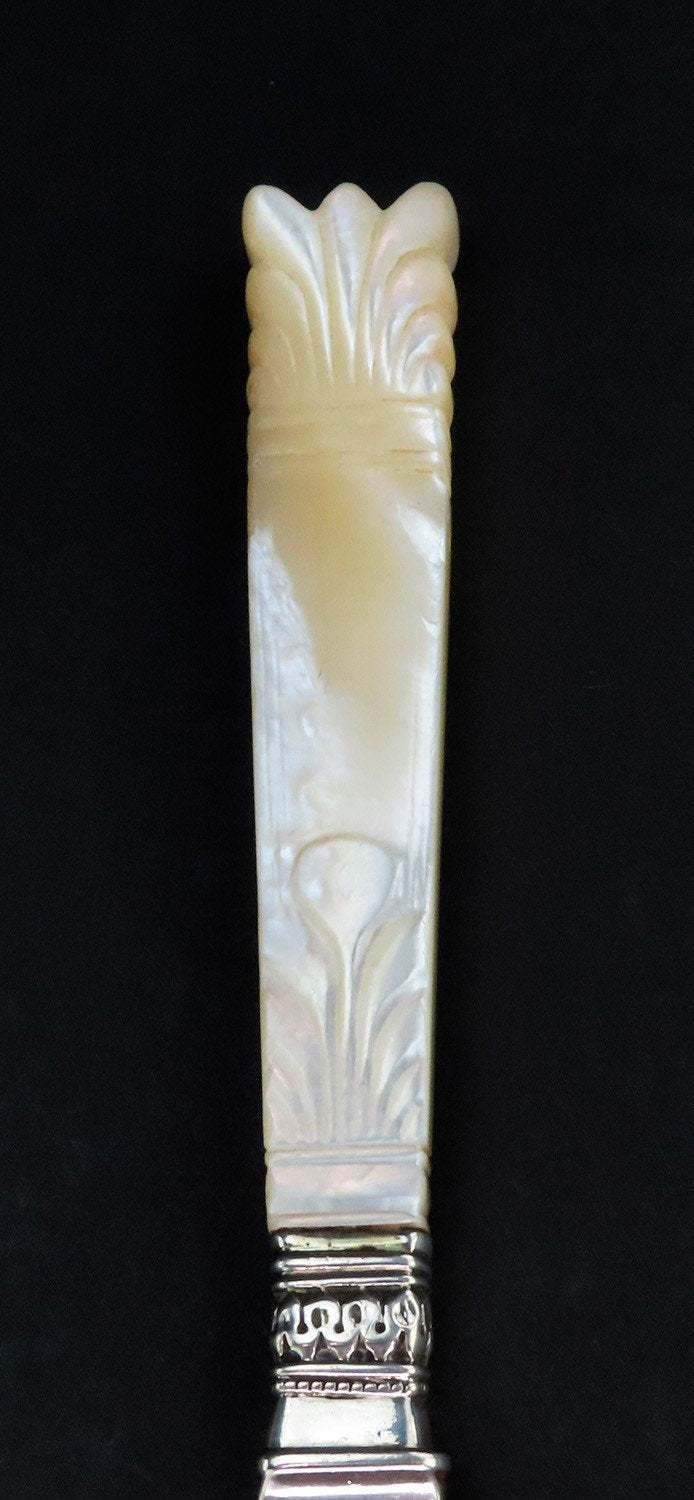 c1840s Chinese Export 12 Silver Knives w/ Mother of Pearl Handles 7 3/4 in