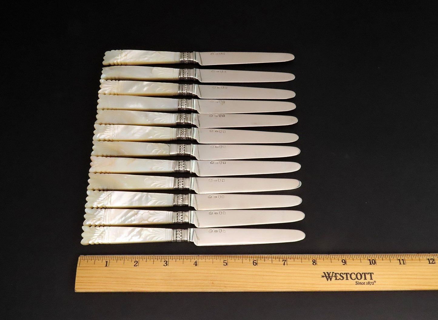 c1840s Chinese Export 12 Silver Knives w/ Mother of Pearl Handles 7 3/4 in