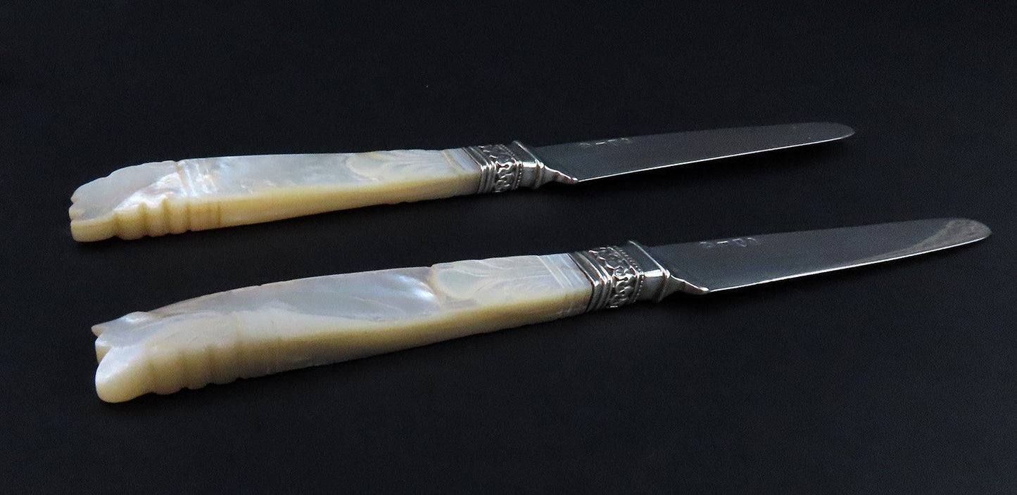 c1840s Chinese Export 12 Silver Knives w/ Mother of Pearl Handles 7 3/4 in