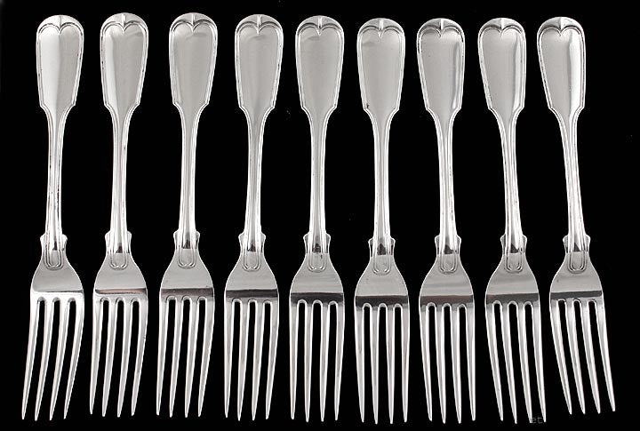 9 American Coin Silver Fiddle Forks c1830s Gurnee & Co