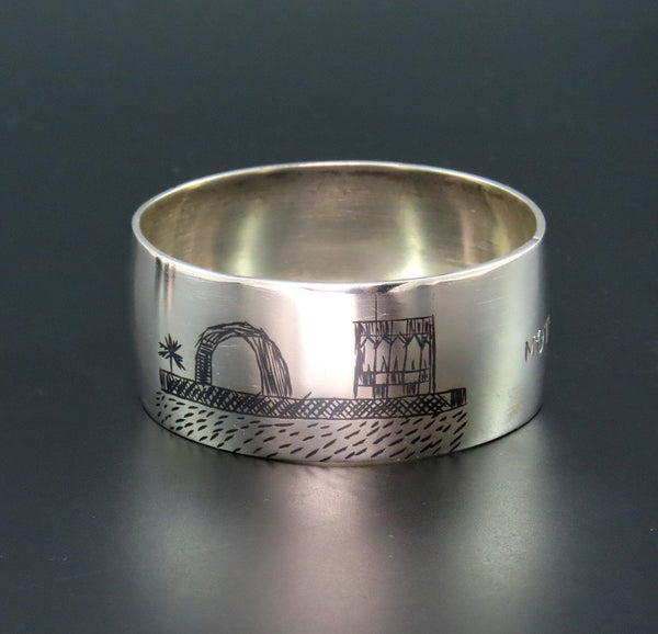 Great Middle Eastern Silver Napkin Ring Engraved "Mother" Enamel Painted Scenes