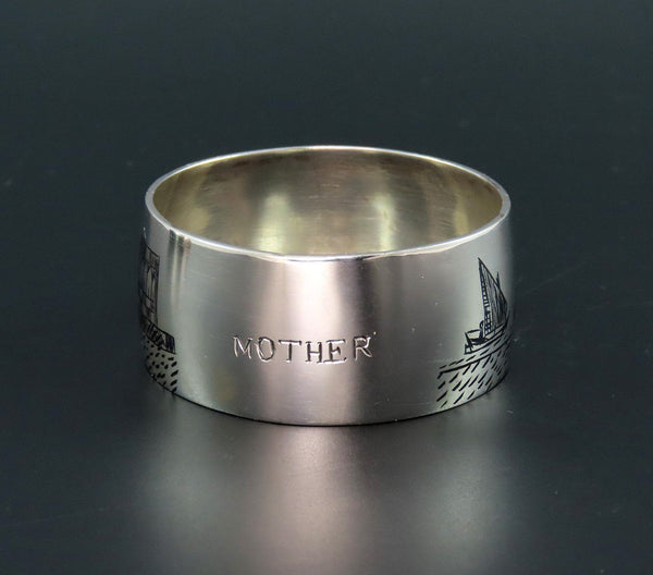 Great Middle Eastern Silver Napkin Ring Engraved "Mother" Enamel Painted Scenes