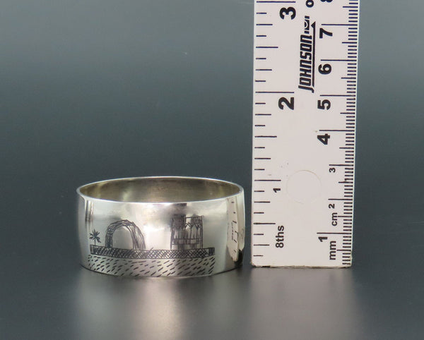 Great Middle Eastern Silver Napkin Ring Engraved "Mother" Enamel Painted Scenes