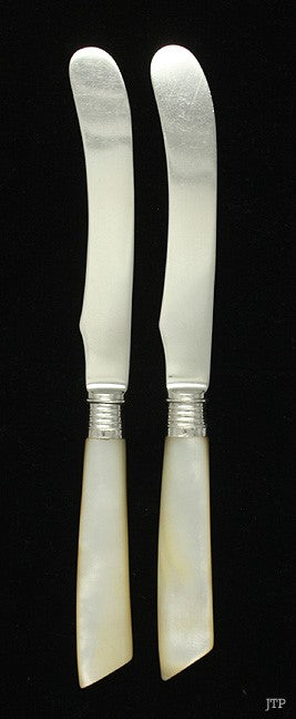 2 Antique 1909 English Sterling Silver Mother of Pearl Fruit Knives 7.5"