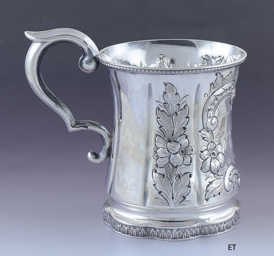 Antique c1851 Fine American Coin Silver Hand Chased Repousse Flower Cup Mug