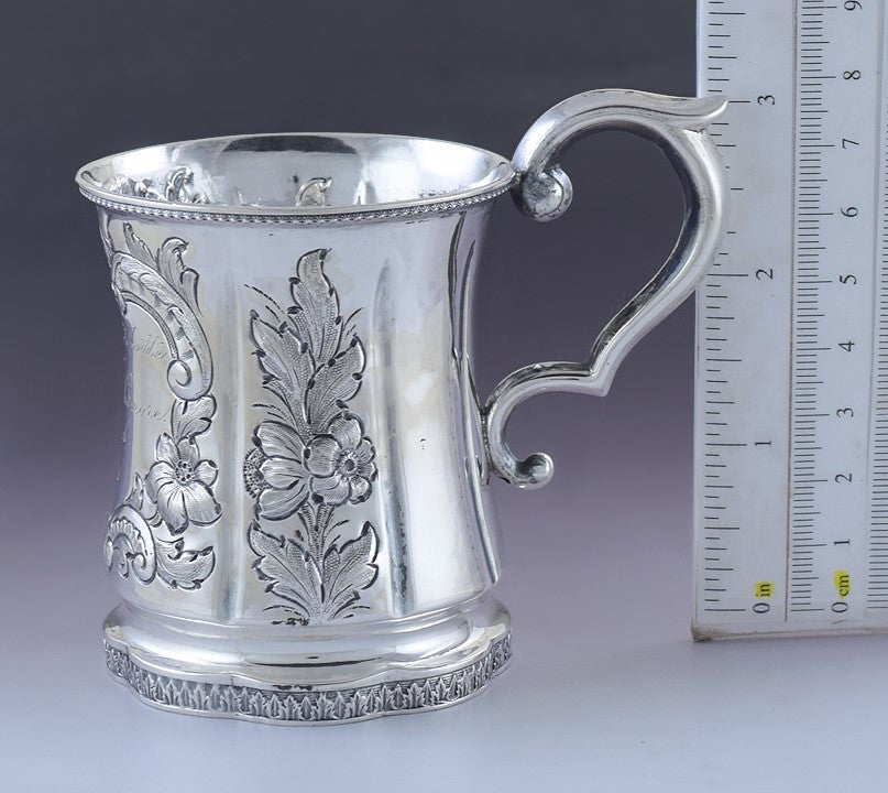 Antique c1851 Fine American Coin Silver Hand Chased Repousse Flower Cup Mug