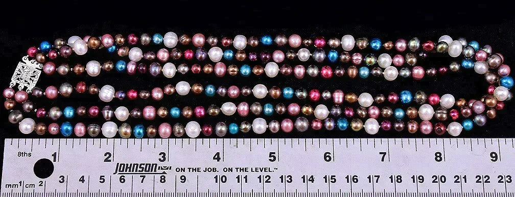 Bright 3-Strand Necklace of Genuine Colorful Dyed Pearls Collar Length