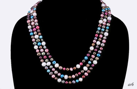 Bright 3-Strand Necklace of Genuine Colorful Dyed Pearls Collar Length