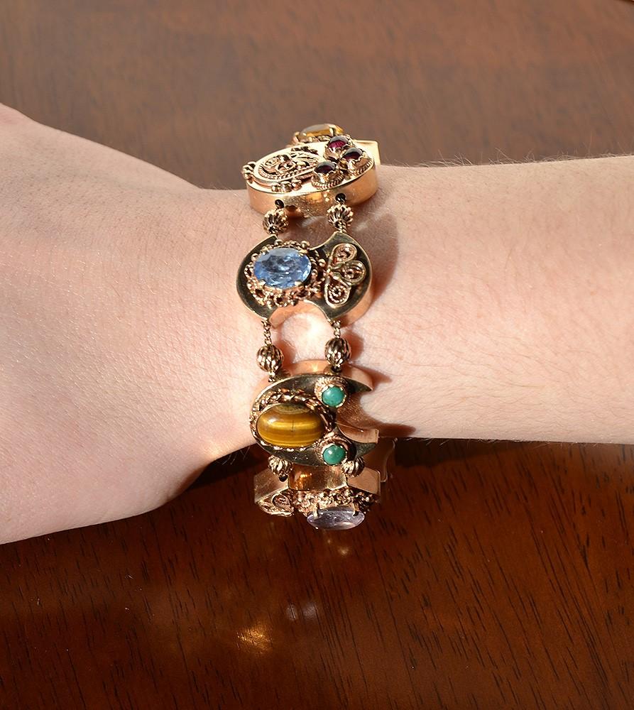 14k Gold Amethyst Turquoise Citrine Garnet Opal Multi Gem Slide Charm Bracelet