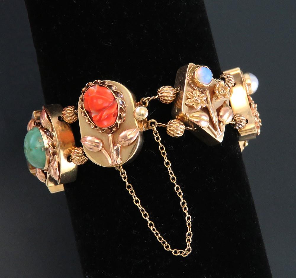 14k Gold Amethyst Turquoise Citrine Garnet Opal Multi Gem Slide Charm Bracelet