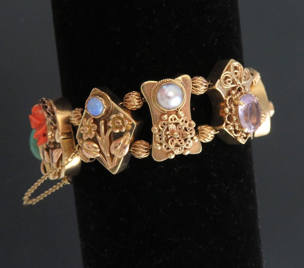 14k Gold Amethyst Turquoise Citrine Garnet Opal Multi Gem Slide Charm Bracelet
