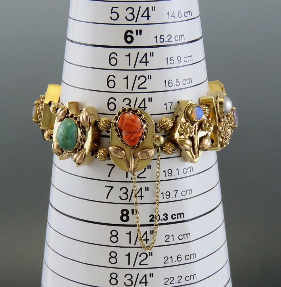 14k Gold Amethyst Turquoise Citrine Garnet Opal Multi Gem Slide Charm Bracelet