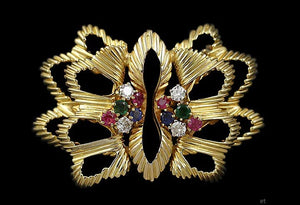 Quality 18K Yellow Gold Diamond Ruby Sapphire Emerald Pin Brooch