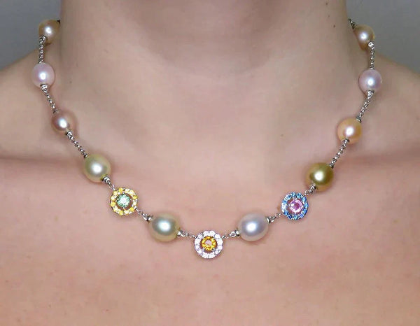 Stunning 18K White Gold Natural Sapphire and Pearl Necklace