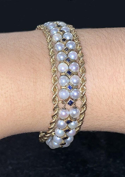 High End 14K Yellow Gold Pearl & 1CT Sapphire Gemstone Rope Twist Bracelet 7.25"