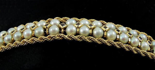 High End 14K Yellow Gold Pearl & 1CT Sapphire Gemstone Rope Twist Bracelet 7.25"