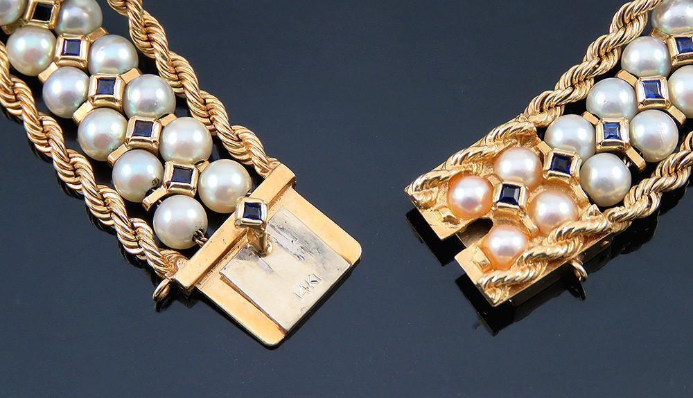 High End 14K Yellow Gold Pearl & 1CT Sapphire Gemstone Rope Twist Bracelet 7.25"