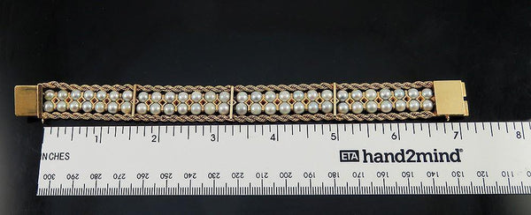 High End 14K Yellow Gold Pearl & 1CT Sapphire Gemstone Rope Twist Bracelet 7.25"