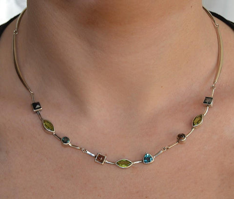 Elegant Sterling Silver Peridot Blue Topaz Smoky Quartz Geometric Necklace