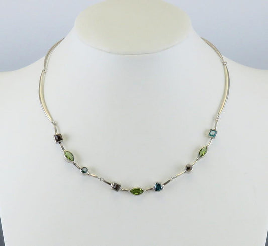 Elegant Sterling Silver Peridot Blue Topaz Smoky Quartz Geometric Necklace