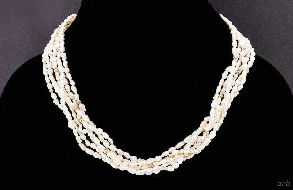 Regal 6 Strand Freshwater Pearl Necklace, 14K Yellow Gold Beads, Filigree Clasp