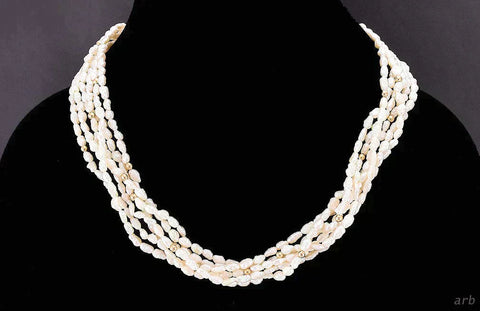 Regal 6 Strand Freshwater Pearl Necklace, 14K Yellow Gold Beads, Filigree Clasp