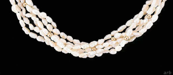 Regal 6 Strand Freshwater Pearl Necklace, 14K Yellow Gold Beads, Filigree Clasp