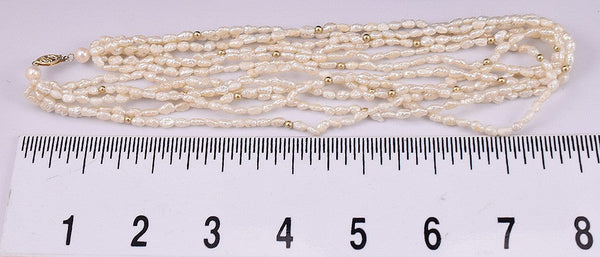 Regal 6 Strand Freshwater Pearl Necklace, 14K Yellow Gold Beads, Filigree Clasp