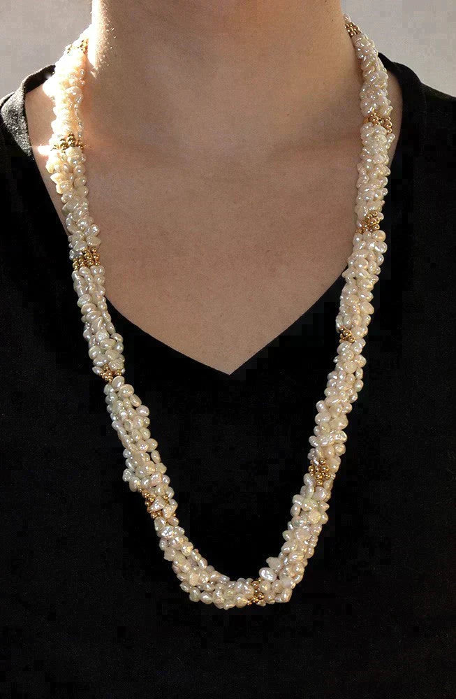 High End 14K Yellow Gold Bead Freshwater Pearl 5 Strand Torsade Necklace 31"