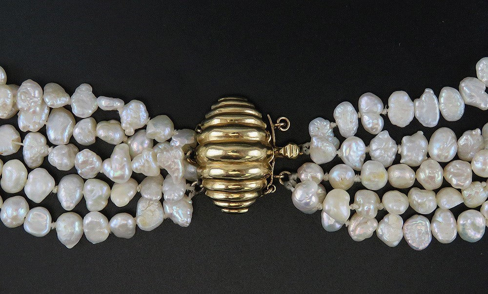 High End 14K Yellow Gold Bead Freshwater Pearl 5 Strand Torsade Necklace 31"