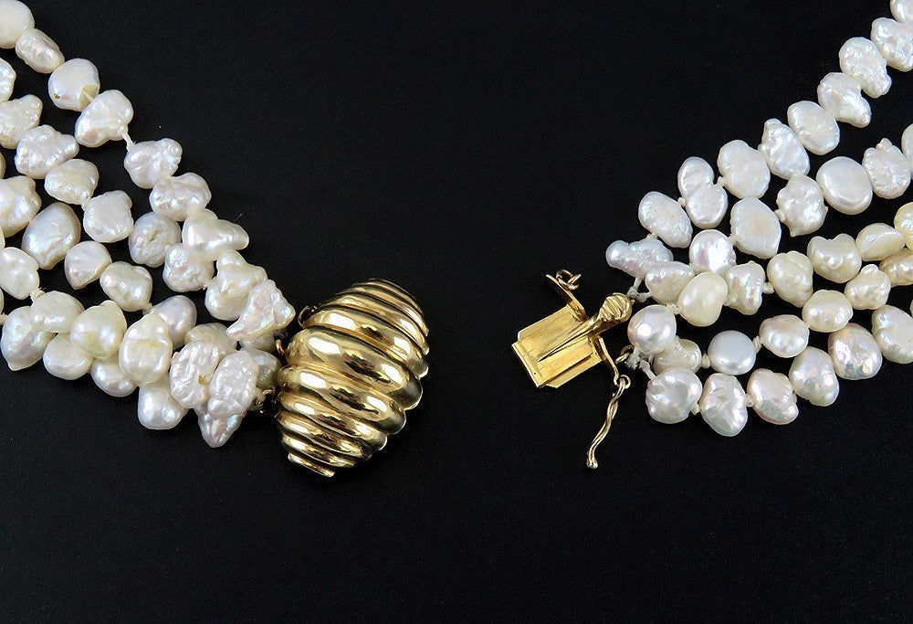 High End 14K Yellow Gold Bead Freshwater Pearl 5 Strand Torsade Necklace 31"