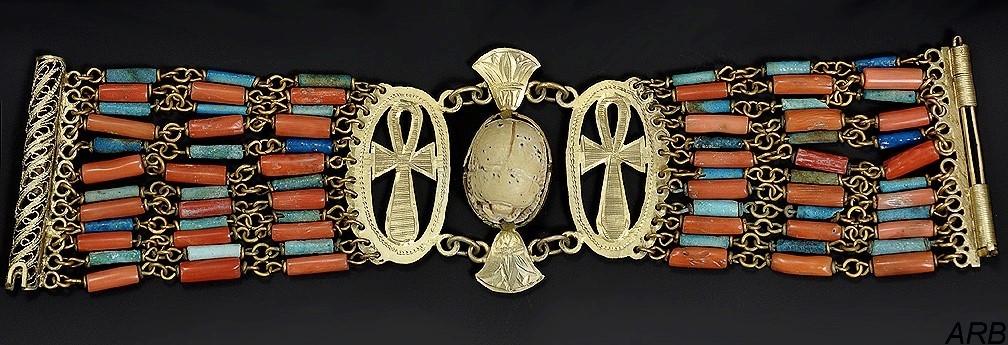 Egyptian Gilt-Silver Multi-Strand Bracelet; Scarab, Ankh, Palmette, Filigree