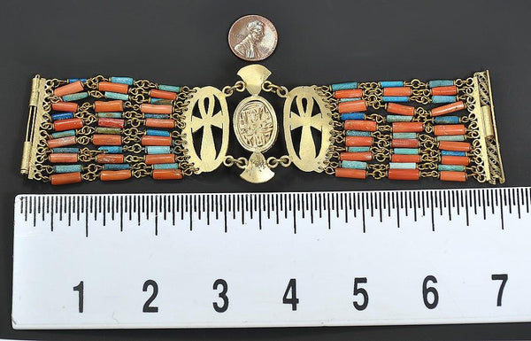 Egyptian Gilt-Silver Multi-Strand Bracelet; Scarab, Ankh, Palmette, Filigree