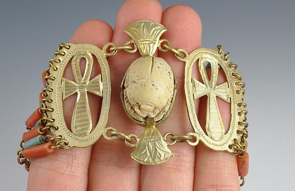 Egyptian Gilt-Silver Multi-Strand Bracelet; Scarab, Ankh, Palmette, Filigree