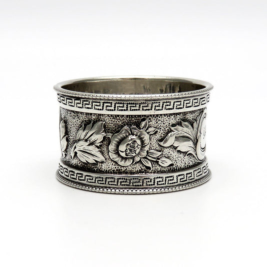 Beautiful c1850s American Coin Silver Hand Chased Floral Napkin Ring