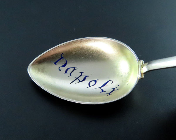 1890s Napoli Naples 800 Purity Silver Souvenir Spoon Enamel Decorations 5 1/8"