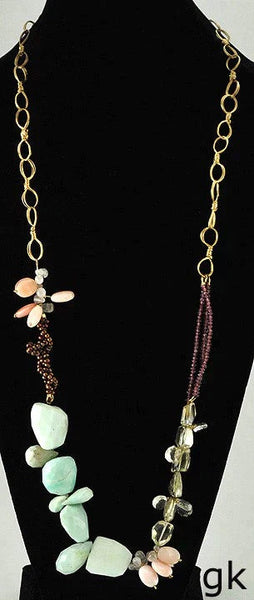 Handmade Boutique Necklace Aqua Pink Clear Quartz Rock Crystal Gold Filled