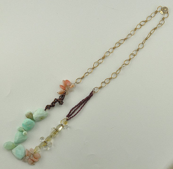 Handmade Boutique Necklace Aqua Pink Clear Quartz Rock Crystal Gold Filled