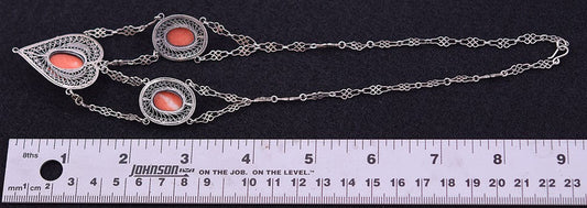 Great Vintage 800+ Purity Silver Filigree Necklace w/ Red Coral Scarabs Italy