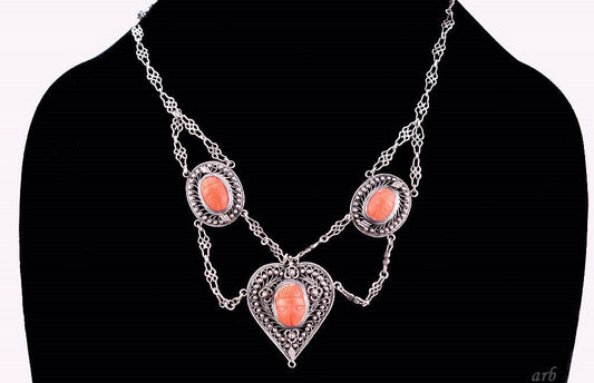 Great Vintage 800+ Purity Silver Filigree Necklace w/ Red Coral Scarabs Italy