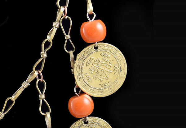Delightful Antique Brass, Copper and Orange Bead Necklace w/ Turkish Coins