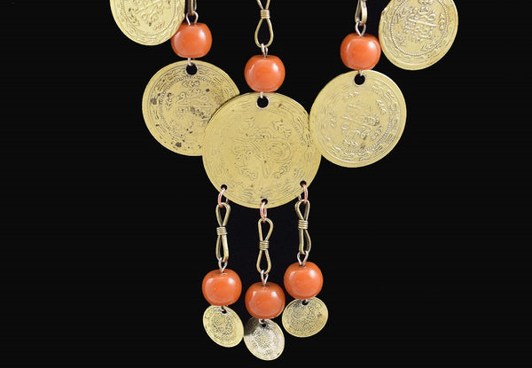 Delightful Antique Brass, Copper and Orange Bead Necklace w/ Turkish Coins