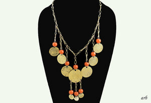 Delightful Antique Brass, Copper and Orange Bead Necklace w/ Turkish Coins