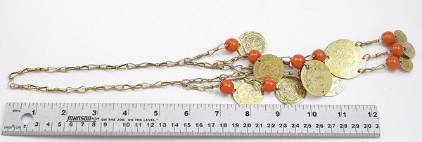 Delightful Antique Brass, Copper and Orange Bead Necklace w/ Turkish Coins