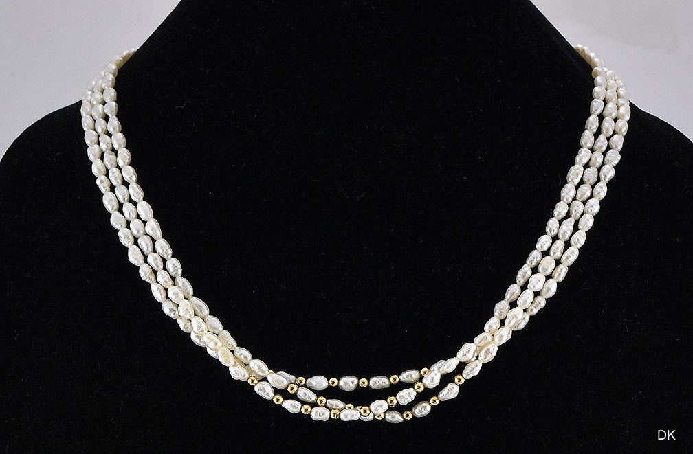 Pretty Triple Strand Genuine Pearl and 14K Yellow Gold Necklace Filigree Clasp