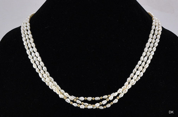 Pretty Triple Strand Genuine Pearl and 14K Yellow Gold Necklace Filigree Clasp