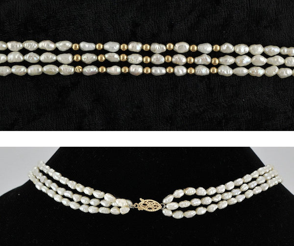 Pretty Triple Strand Genuine Pearl and 14K Yellow Gold Necklace Filigree Clasp
